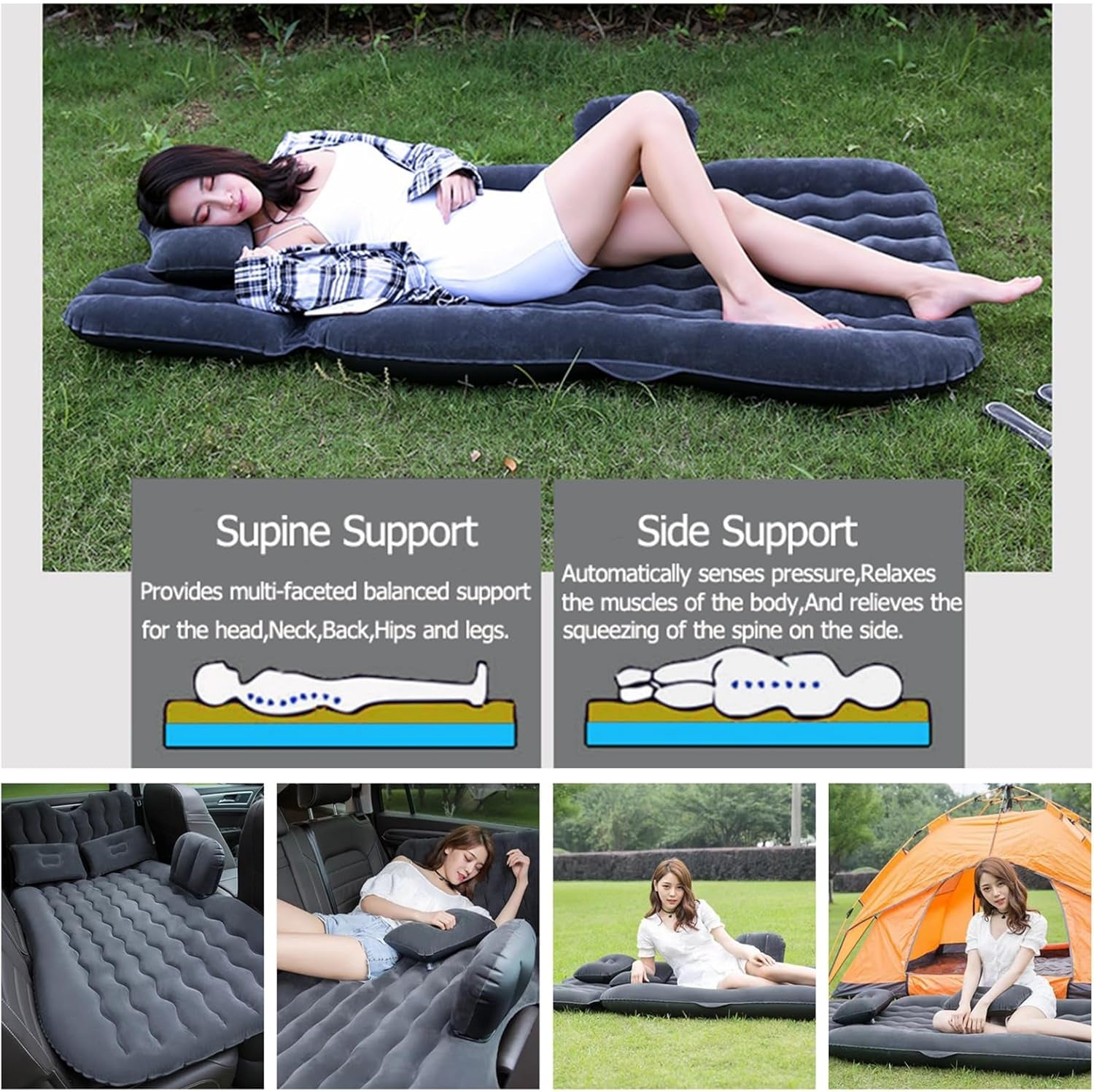 Universal Car Air Mattress — Flocked Back-Seat Bed w/ 12-V Pump, Pillows & Travel Kit (185 × 90 cm)