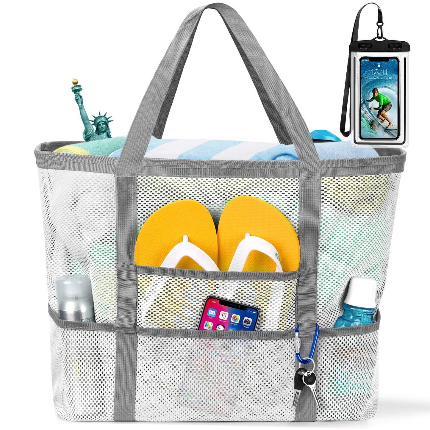 Oversized Mesh Beach Tote — 9-Pocket, Rope Handles, 15.3" × 14" × 7.8"
