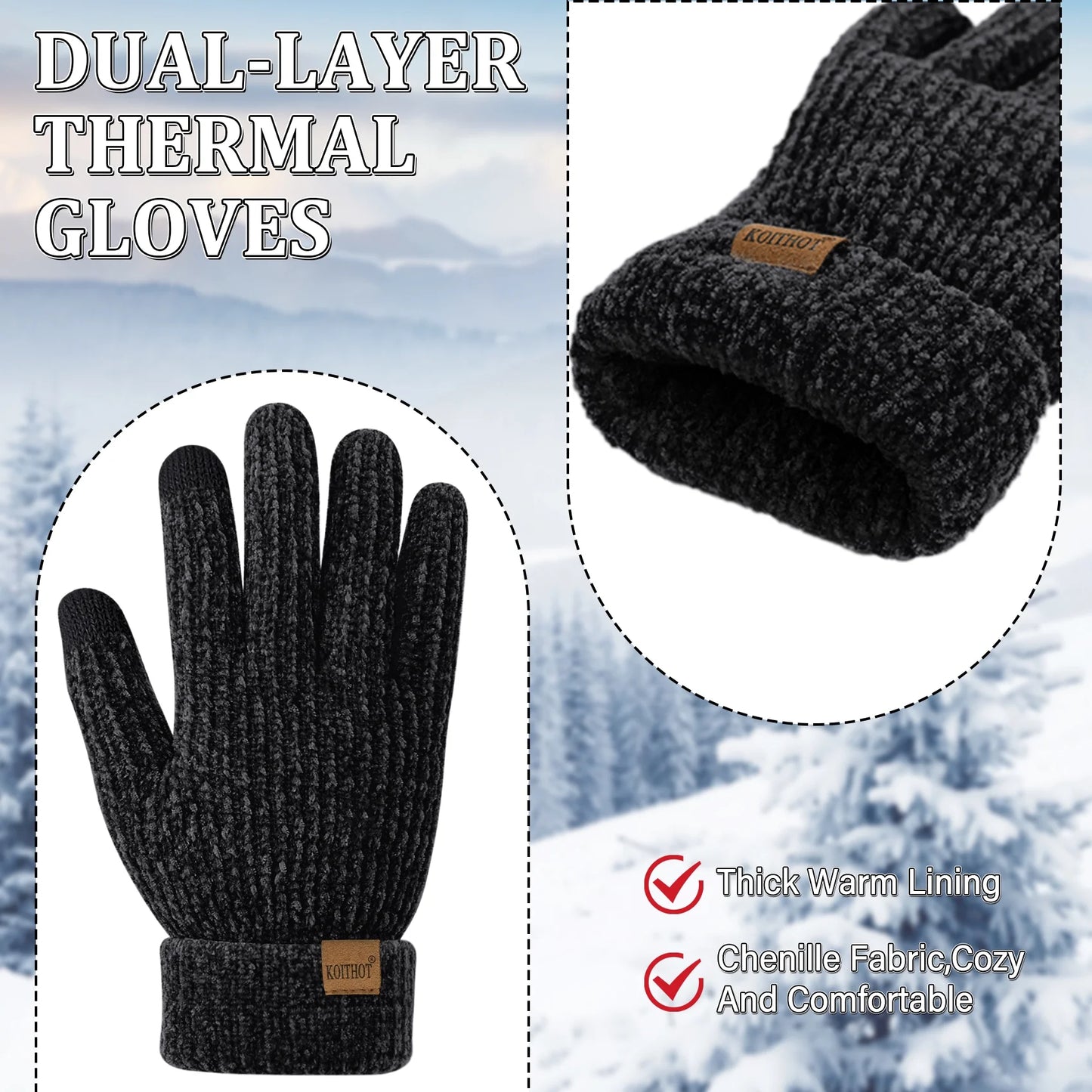 2 Pairs Women’s Winter Gloves Chenille Thick Warm Lined Touchscreen Gloves – Soft Cozy Weatherproof Mittens for Cold Weather