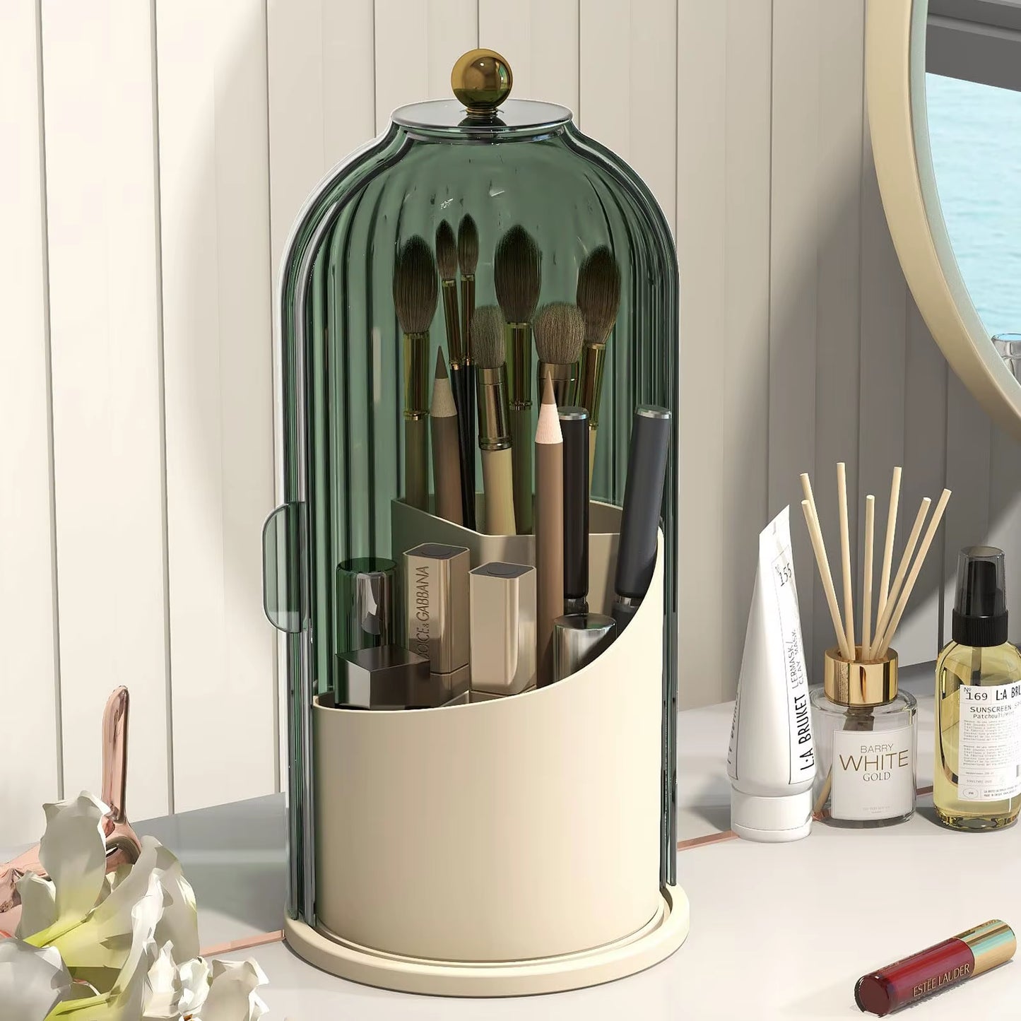Makeup Brush Holder Organizer with Lid – 360° Rotating Clear Dustproof Makeup Brush Organizer for Vanity, Desktop & Bathroom
