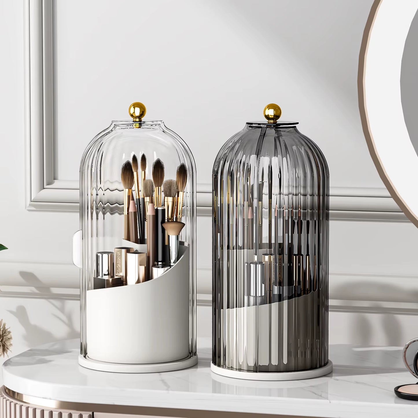 Makeup Brush Holder Organizer with Lid – 360° Rotating Clear Dustproof Makeup Brush Organizer for Vanity, Desktop & Bathroom