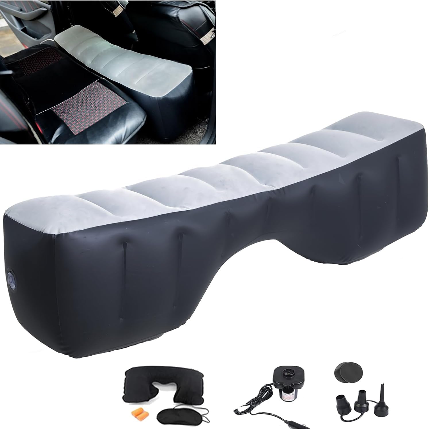 Universal Car Air Mattress — Flocked Back-Seat Bed w/ 12-V Pump, Pillows & Travel Kit (185 × 90 cm)