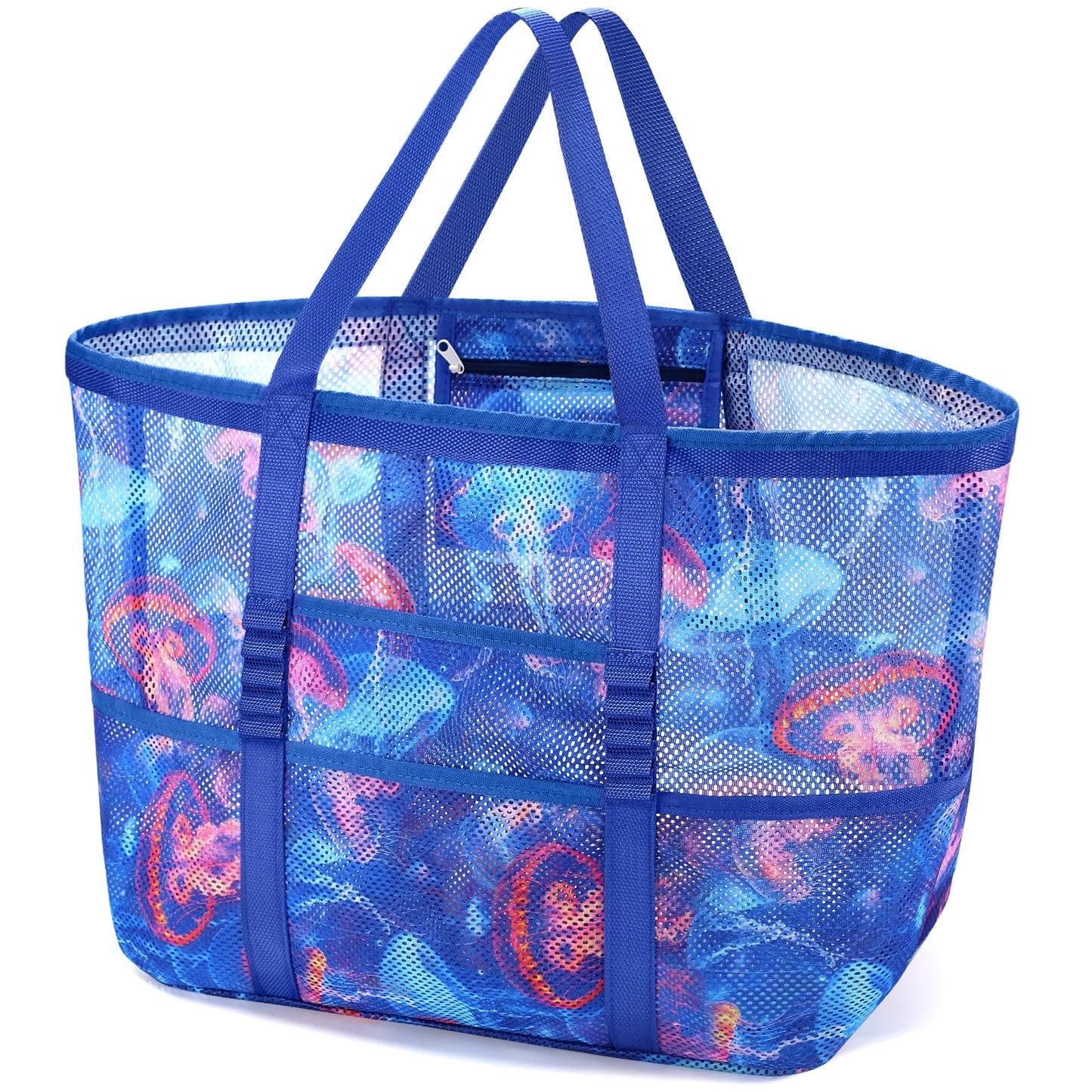 Oversized Mesh Beach Tote — 9-Pocket, Rope Handles, 15.3" × 14" × 7.8"
