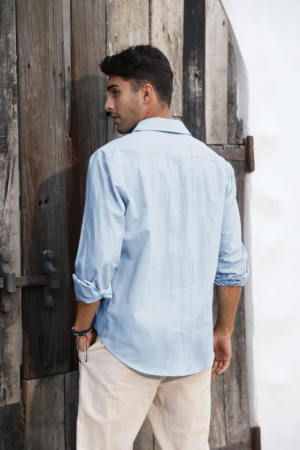 Runcati Men's Casual Long Sleeve Linen Cotton Shirt