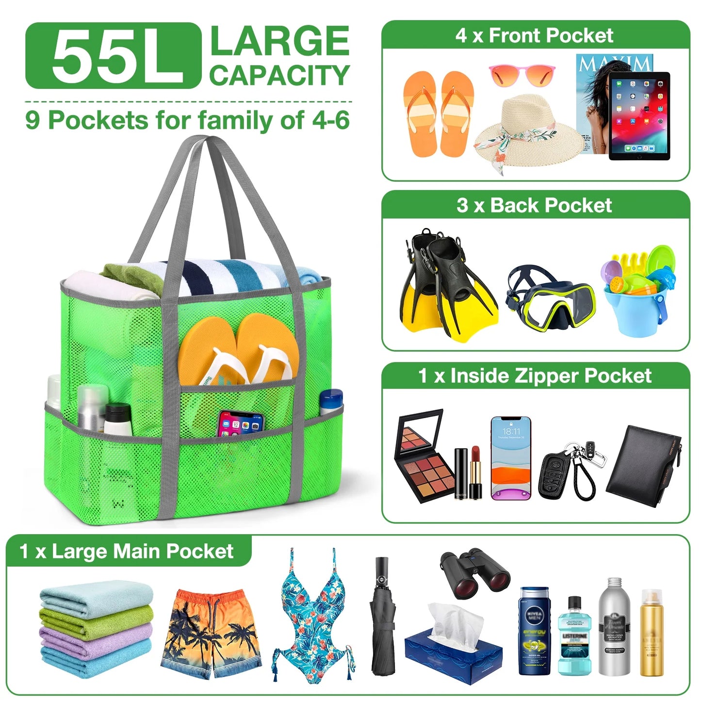 Oversized Mesh Beach Tote — 9-Pocket, Rope Handles, 15.3" × 14" × 7.8"