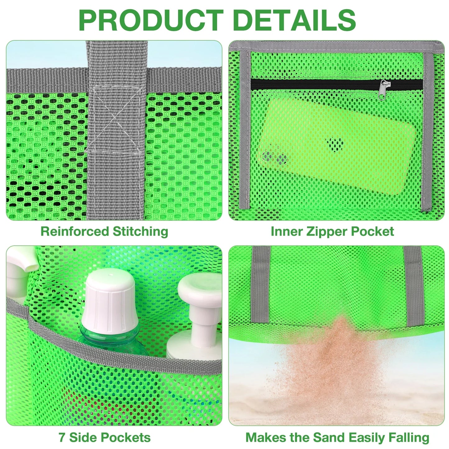 Oversized Mesh Beach Tote — 9-Pocket, Rope Handles, 15.3" × 14" × 7.8"