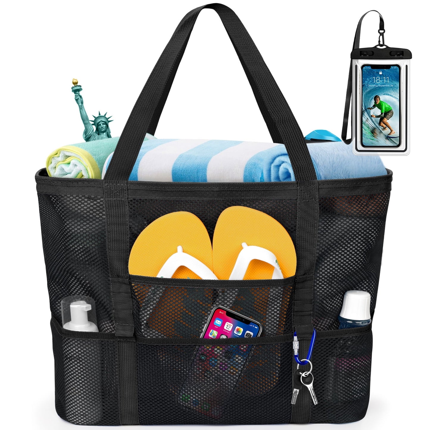 Oversized Mesh Beach Tote — 9-Pocket, Rope Handles, 15.3" × 14" × 7.8"