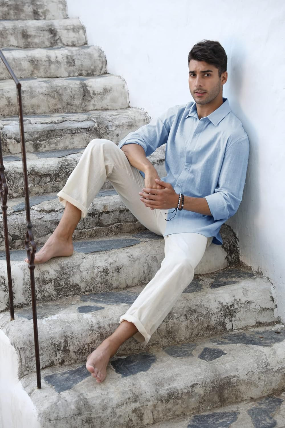 Runcati Men's Casual Long Sleeve Linen Cotton Shirt