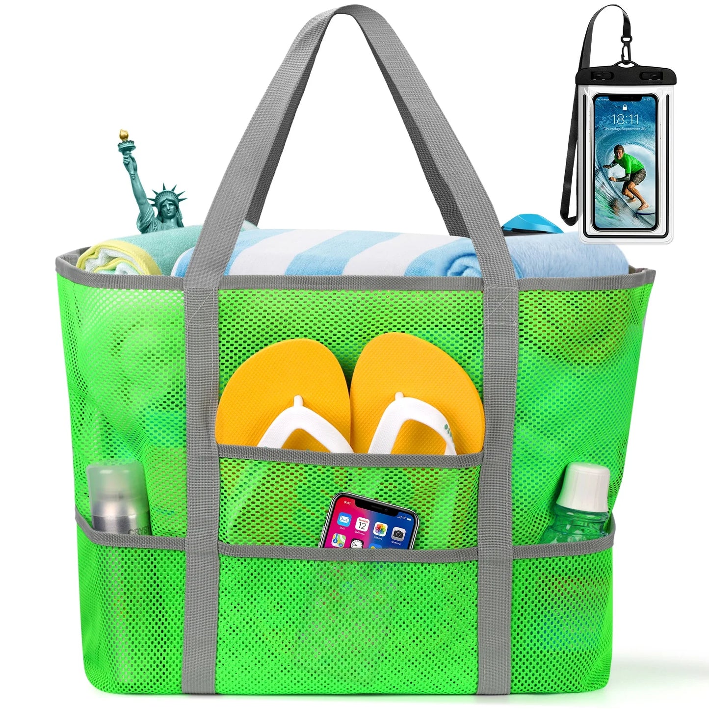 Oversized Mesh Beach Tote — 9-Pocket, Rope Handles, 15.3" × 14" × 7.8"