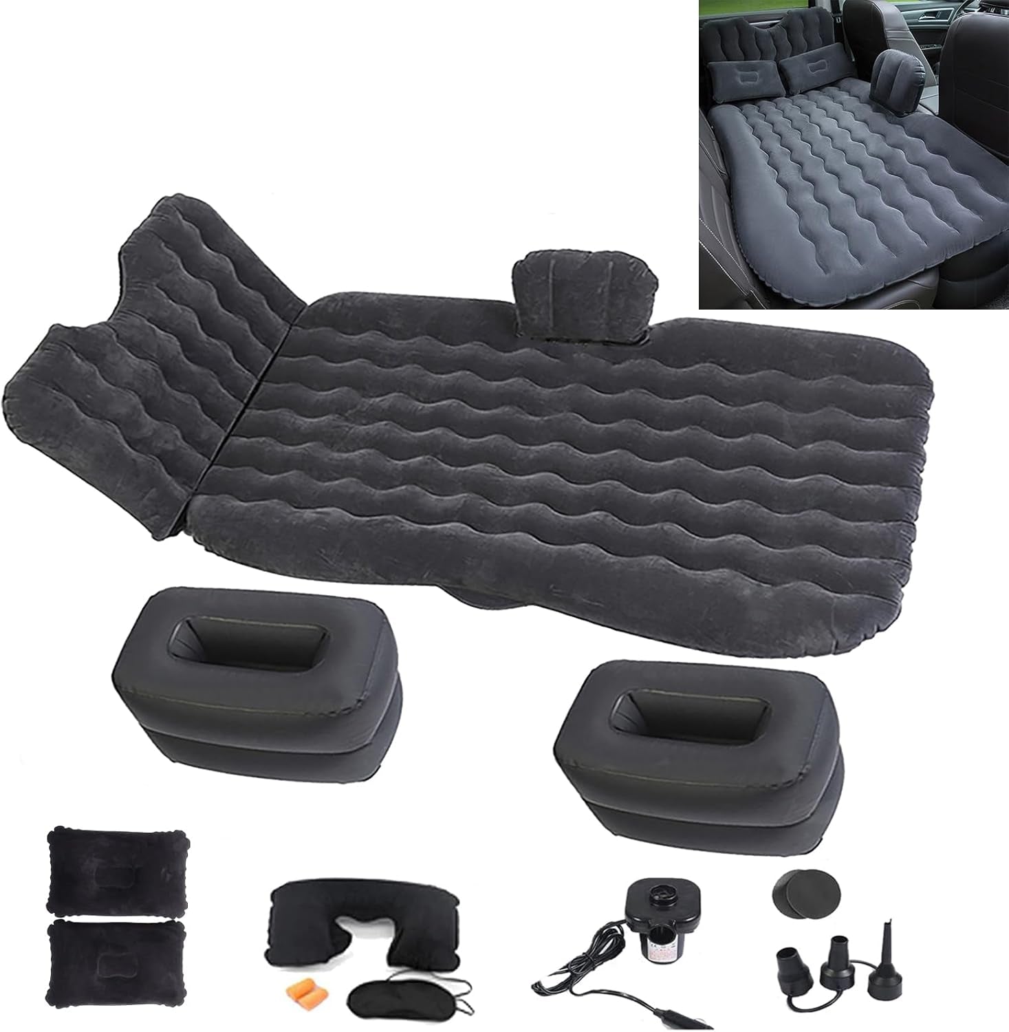 Universal Car Air Mattress — Flocked Back-Seat Bed w/ 12-V Pump, Pillows & Travel Kit (185 × 90 cm)