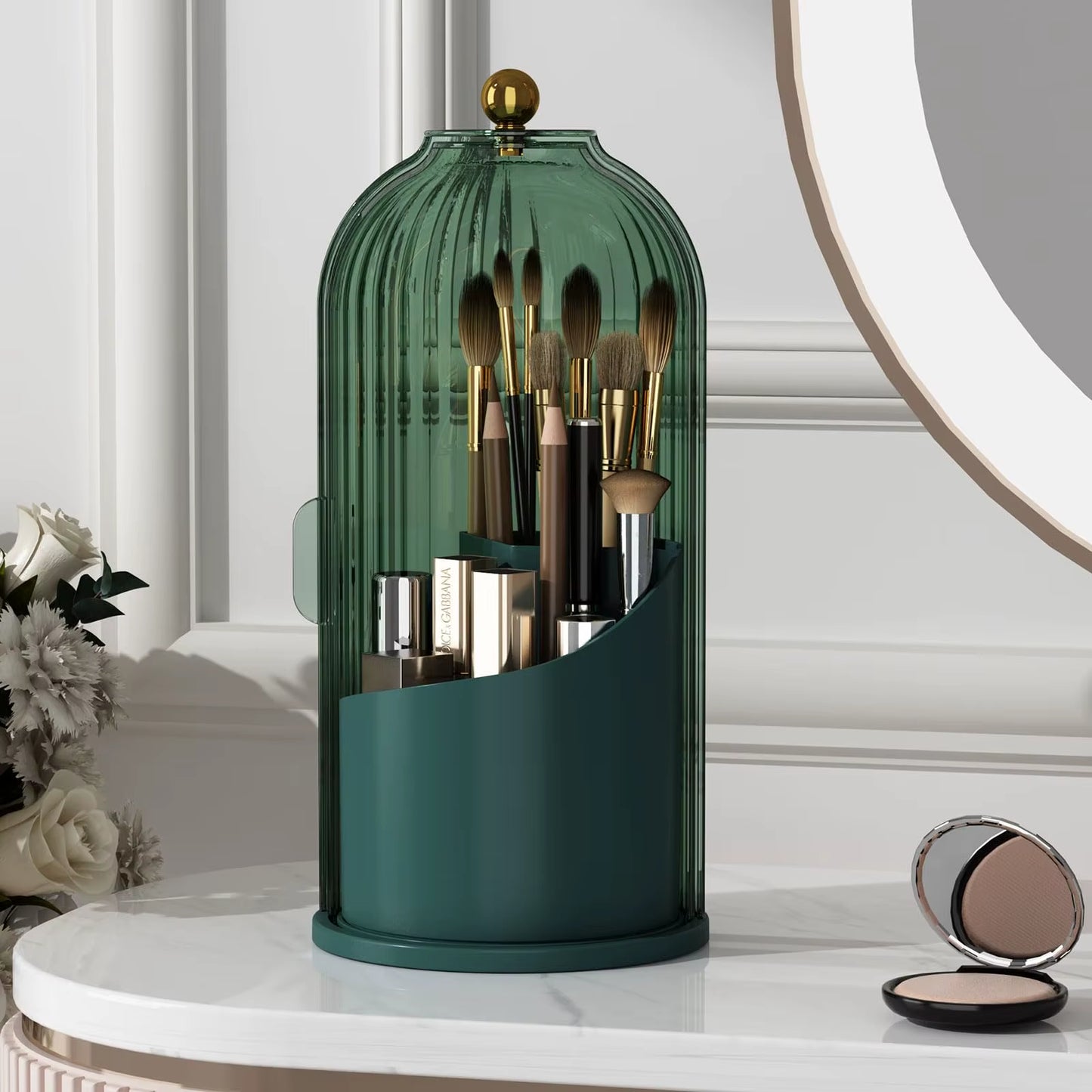 Makeup Brush Holder Organizer with Lid – 360° Rotating Clear Dustproof Makeup Brush Organizer for Vanity, Desktop & Bathroom