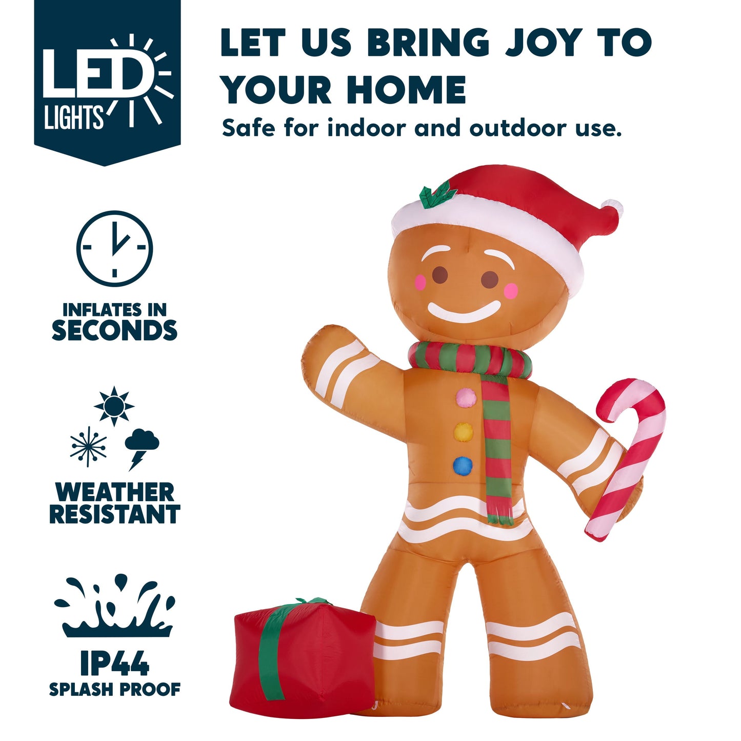 8 FT Inflatable Gingerbread Man with Candy Cane & LED Lights – Giant Christmas Blow-Up Outdoor Decoration for Yard, Garden & Holiday Party Décor