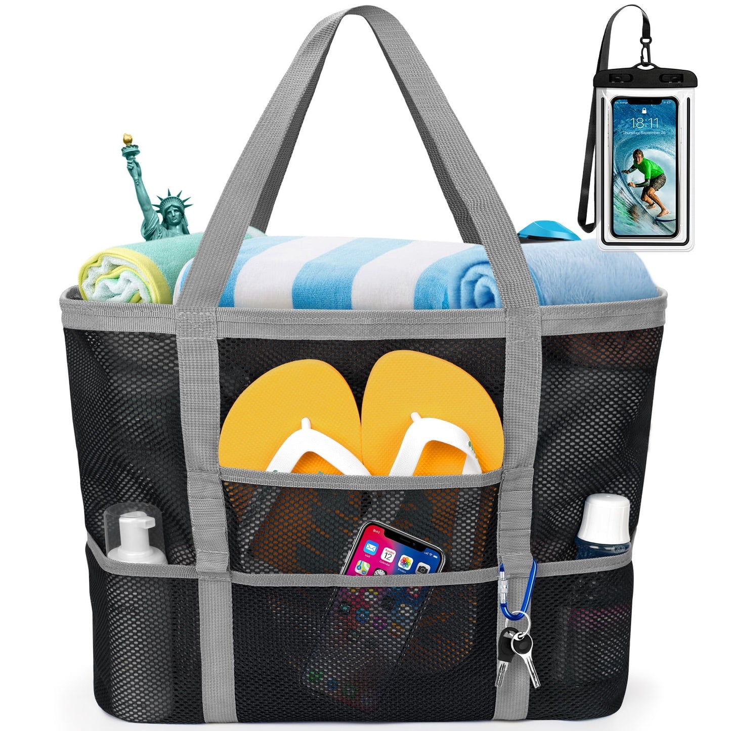 Oversized Mesh Beach Tote — 9-Pocket, Rope Handles, 15.3" × 14" × 7.8"