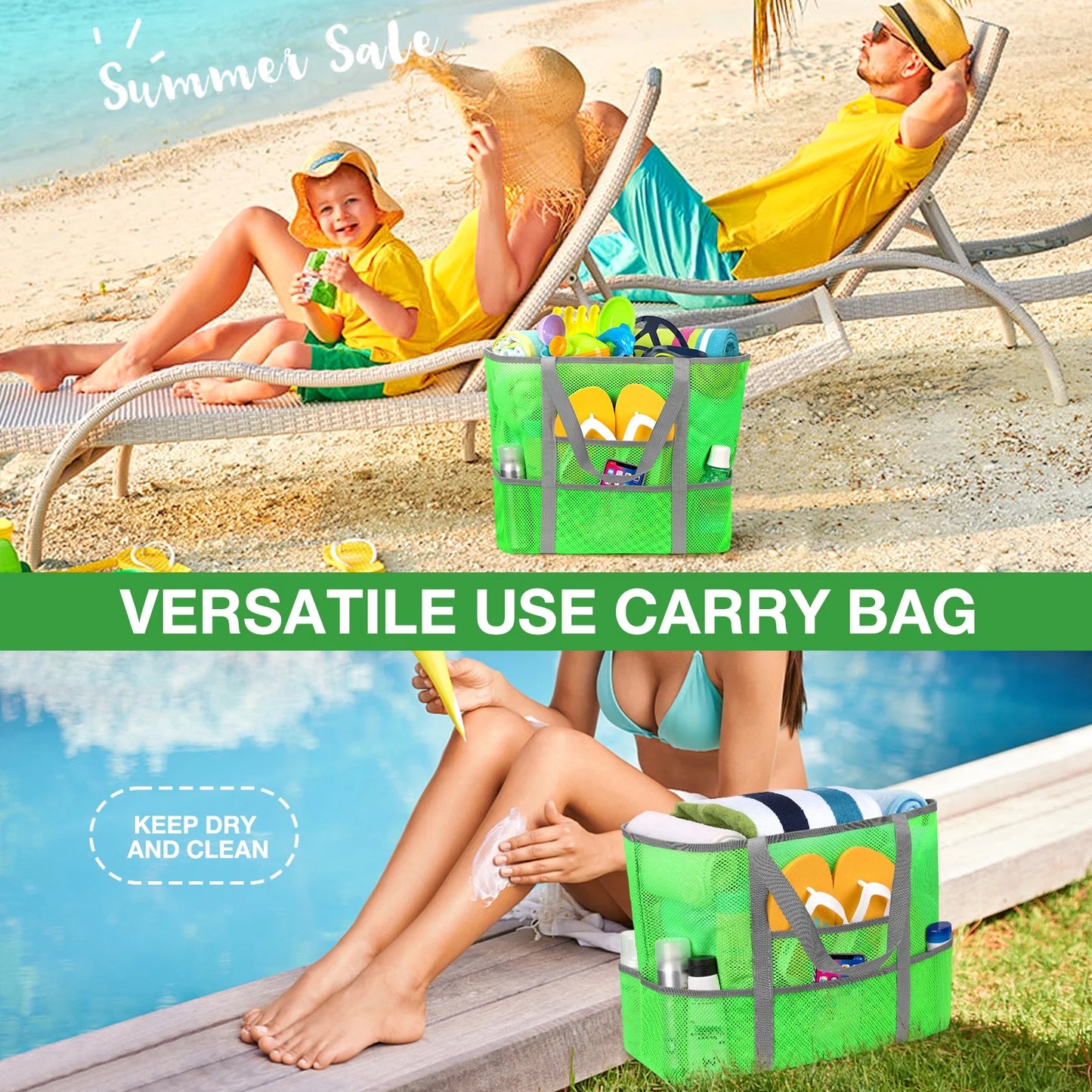 Oversized Mesh Beach Tote — 9-Pocket, Rope Handles, 15.3" × 14" × 7.8"