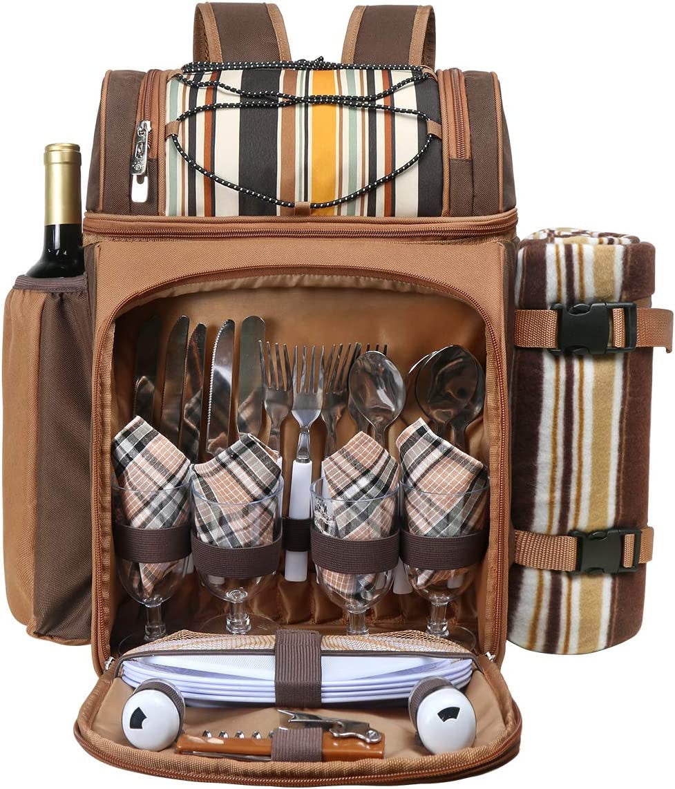 Picnic Basket Backpack for 4 – Insulated Leak-Proof Cooler, Wine Holder, Fleece Blanket & Full Cutlery Set