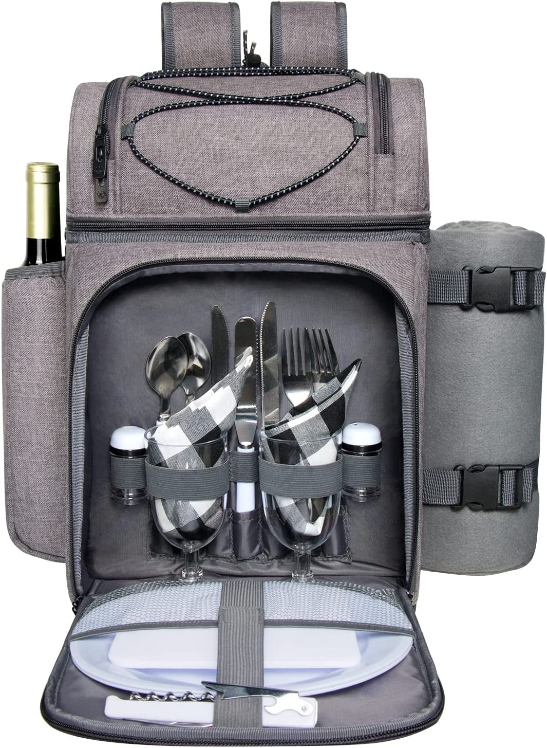 Picnic Basket Backpack for 4 – Insulated Leak-Proof Cooler, Wine Holder, Fleece Blanket & Full Cutlery Set