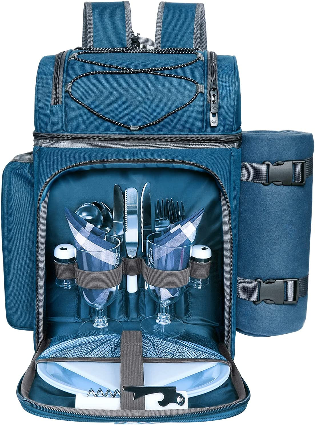 Picnic Basket Backpack for 4 – Insulated Leak-Proof Cooler, Wine Holder, Fleece Blanket & Full Cutlery Set