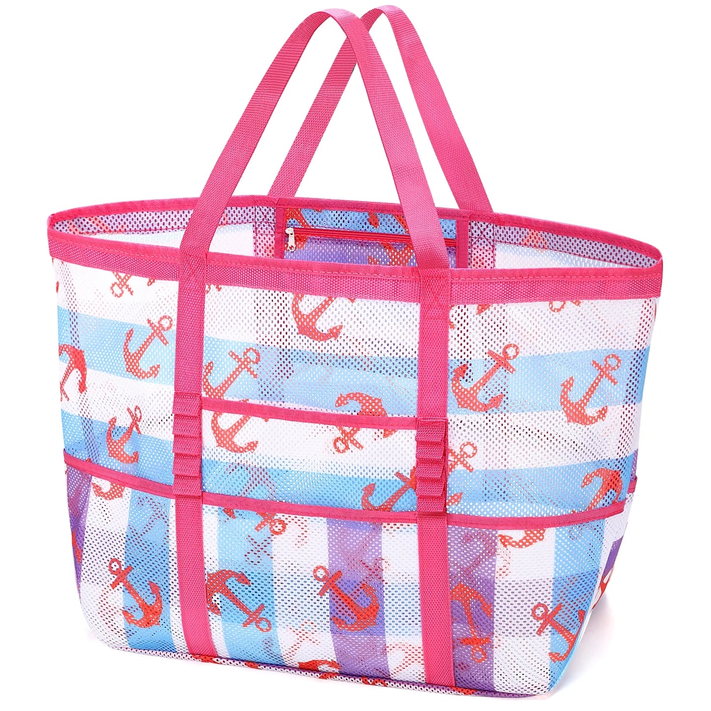 Oversized Mesh Beach Tote — 9-Pocket, Rope Handles, 15.3" × 14" × 7.8"