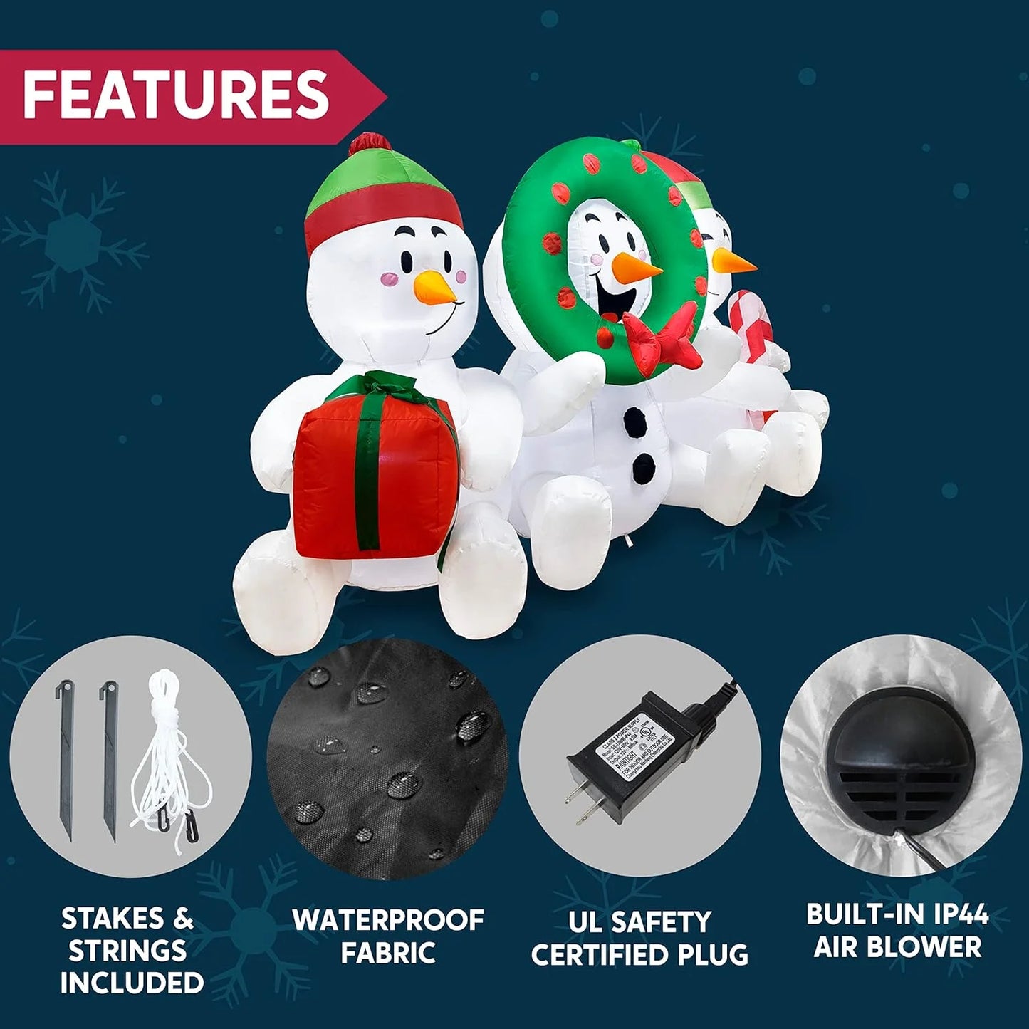 6 FT Inflatable Snowmen Outdoor Decoration with Built-In LED Lights – Three Sitting Snowmen Christmas Blow-Up for Yard, Lawn & Holiday Party Décor