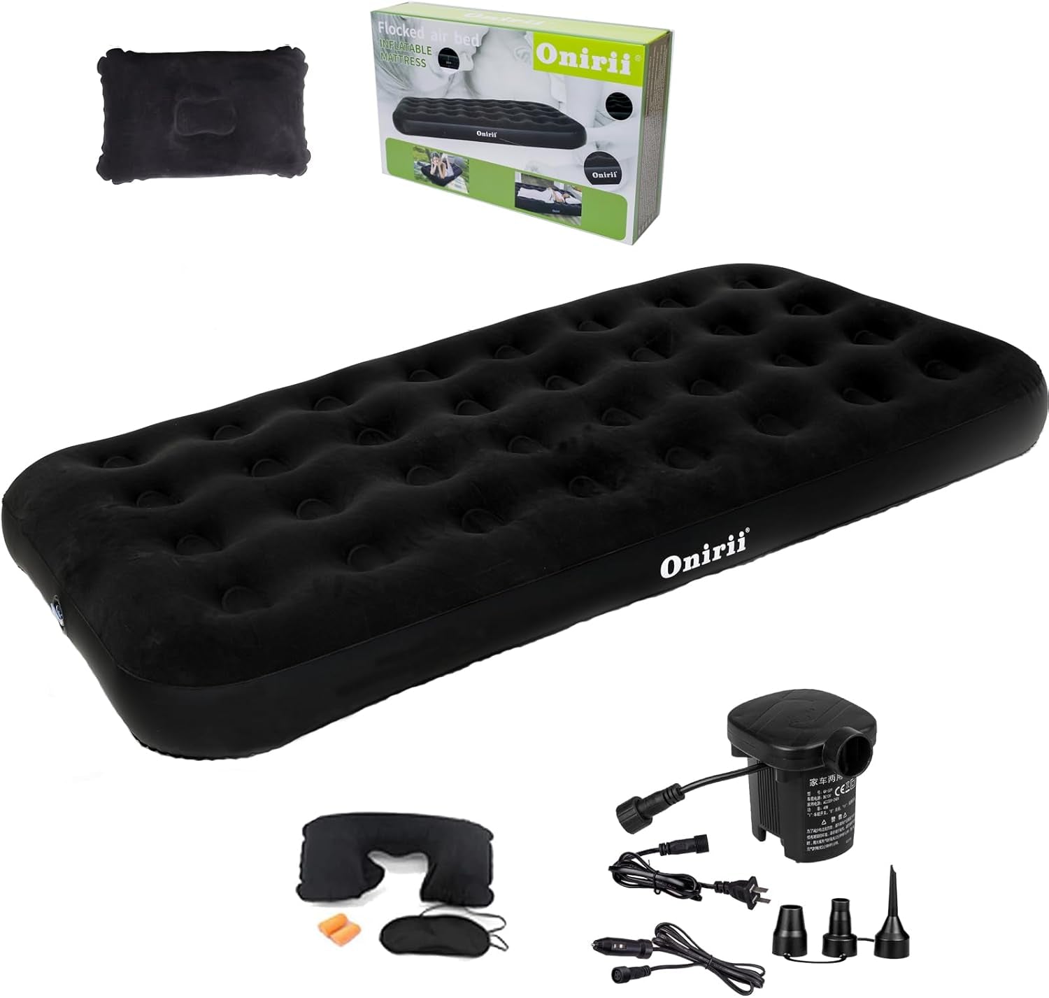 Universal Car Air Mattress — Flocked Back-Seat Bed w/ 12-V Pump, Pillows & Travel Kit (185 × 90 cm)