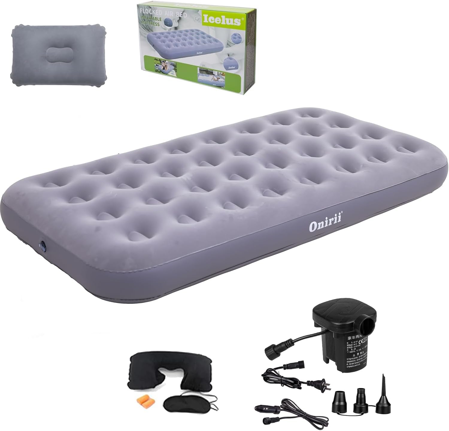 Universal Car Air Mattress — Flocked Back-Seat Bed w/ 12-V Pump, Pillows & Travel Kit (185 × 90 cm)