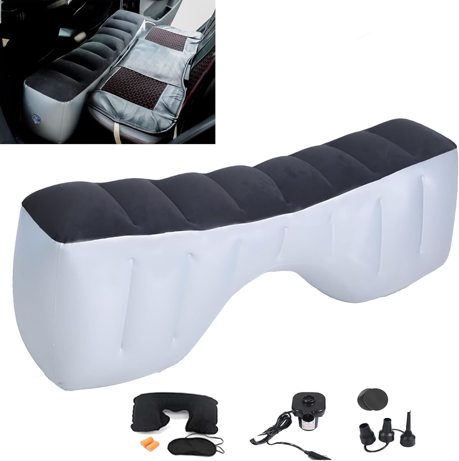 Universal Car Air Mattress — Flocked Back-Seat Bed w/ 12-V Pump, Pillows & Travel Kit (185 × 90 cm)