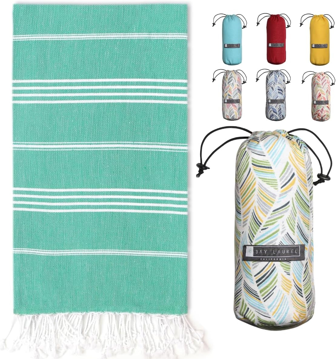 Bay Laurel Turkish Beach Towel with Travel Bag — Oversized 39" × 71", Quick-Dry & Sand-Free