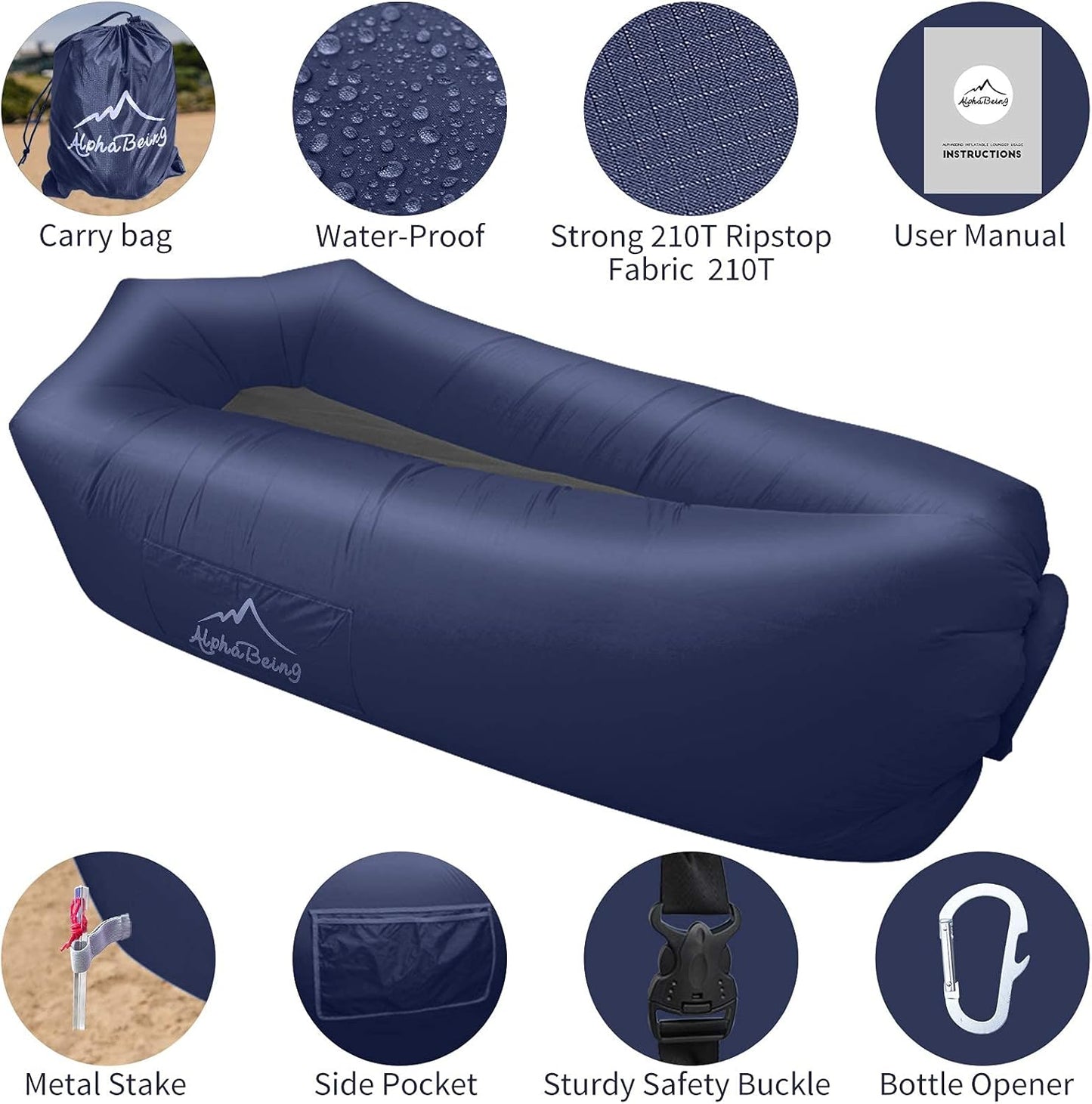 Inflatable Lounger Air Sofa — Mesh-Bottom, Anti-Leak, 700 lb Capacity, with Carry Bag & Stakes