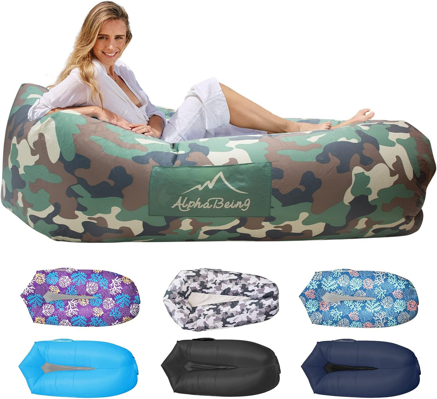 Inflatable Lounger Air Sofa — Mesh-Bottom, Anti-Leak, 700 lb Capacity, with Carry Bag & Stakes