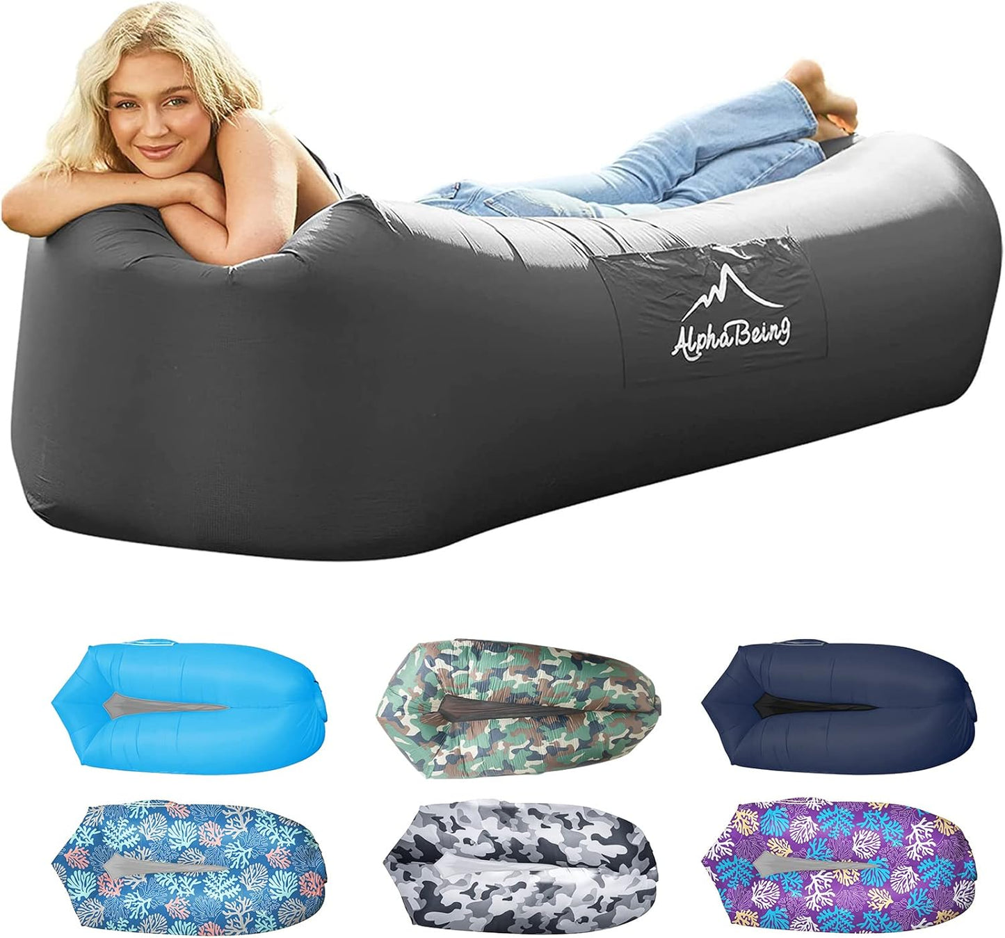 Inflatable Lounger Air Sofa — Mesh-Bottom, Anti-Leak, 700 lb Capacity, with Carry Bag & Stakes