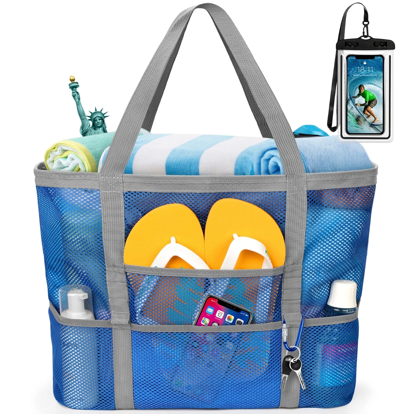 Oversized Mesh Beach Tote — 9-Pocket, Rope Handles, 15.3" × 14" × 7.8"