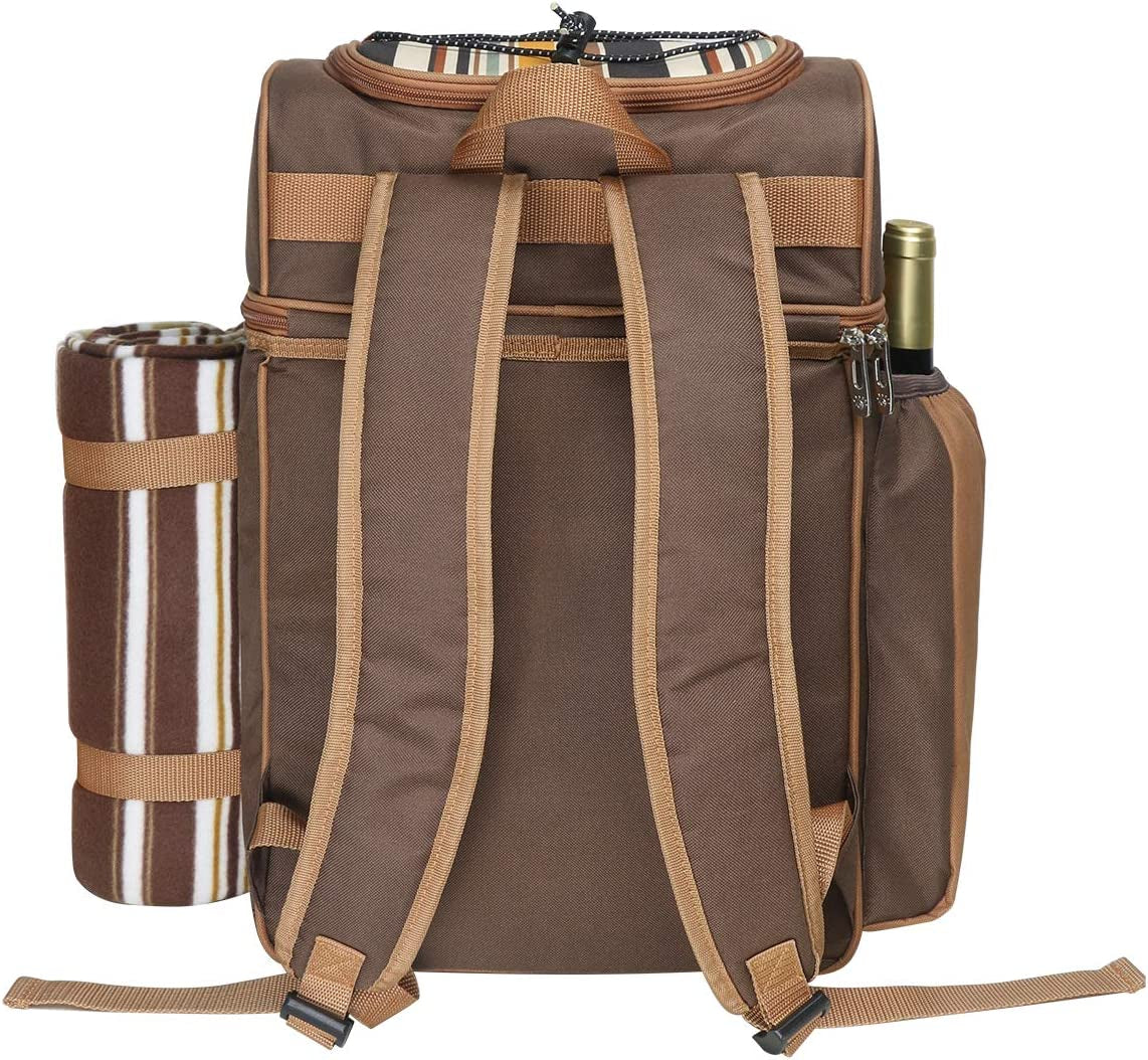 Picnic Basket Backpack for 4 – Insulated Leak-Proof Cooler, Wine Holder, Fleece Blanket & Full Cutlery Set