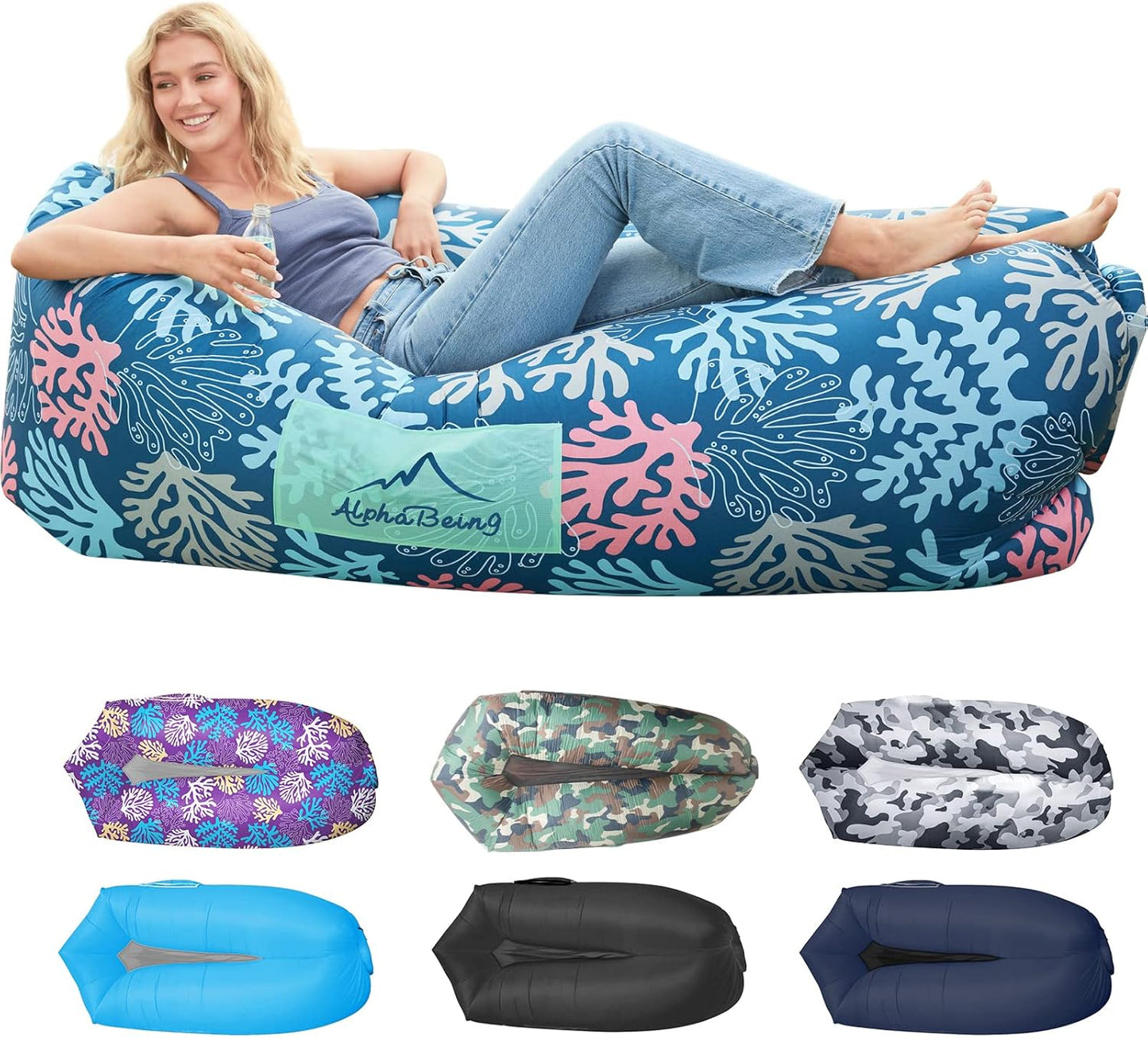 Inflatable Lounger Air Sofa — Mesh-Bottom, Anti-Leak, 700 lb Capacity, with Carry Bag & Stakes