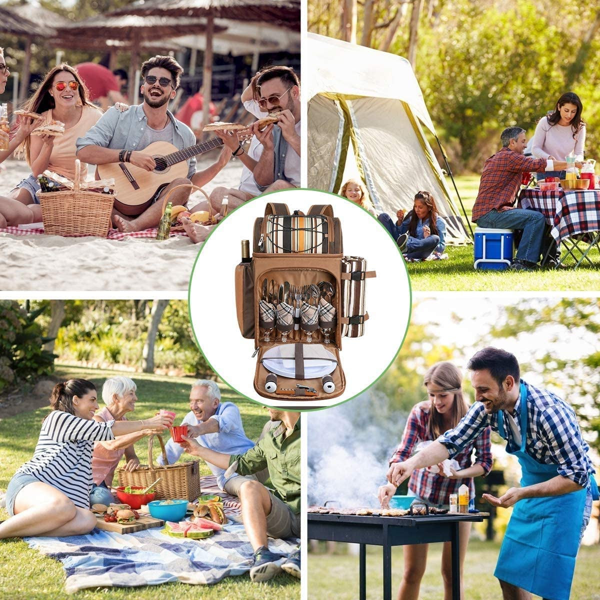 Picnic Basket Backpack for 4 – Insulated Leak-Proof Cooler, Wine Holder, Fleece Blanket & Full Cutlery Set