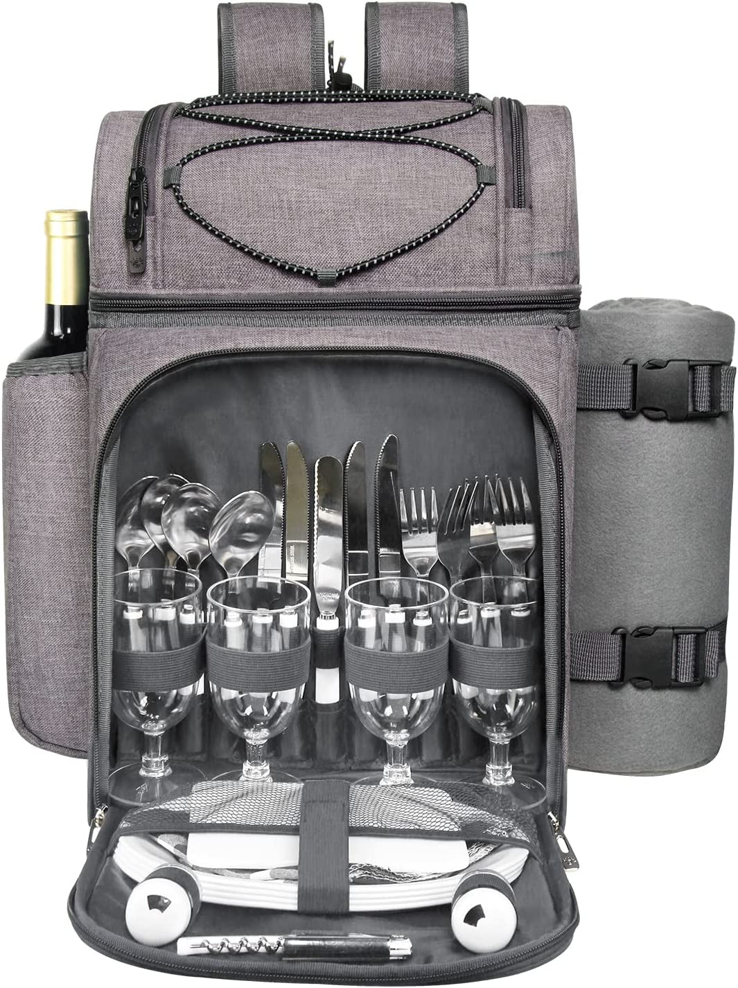 Picnic Basket Backpack for 4 – Insulated Leak-Proof Cooler, Wine Holder, Fleece Blanket & Full Cutlery Set