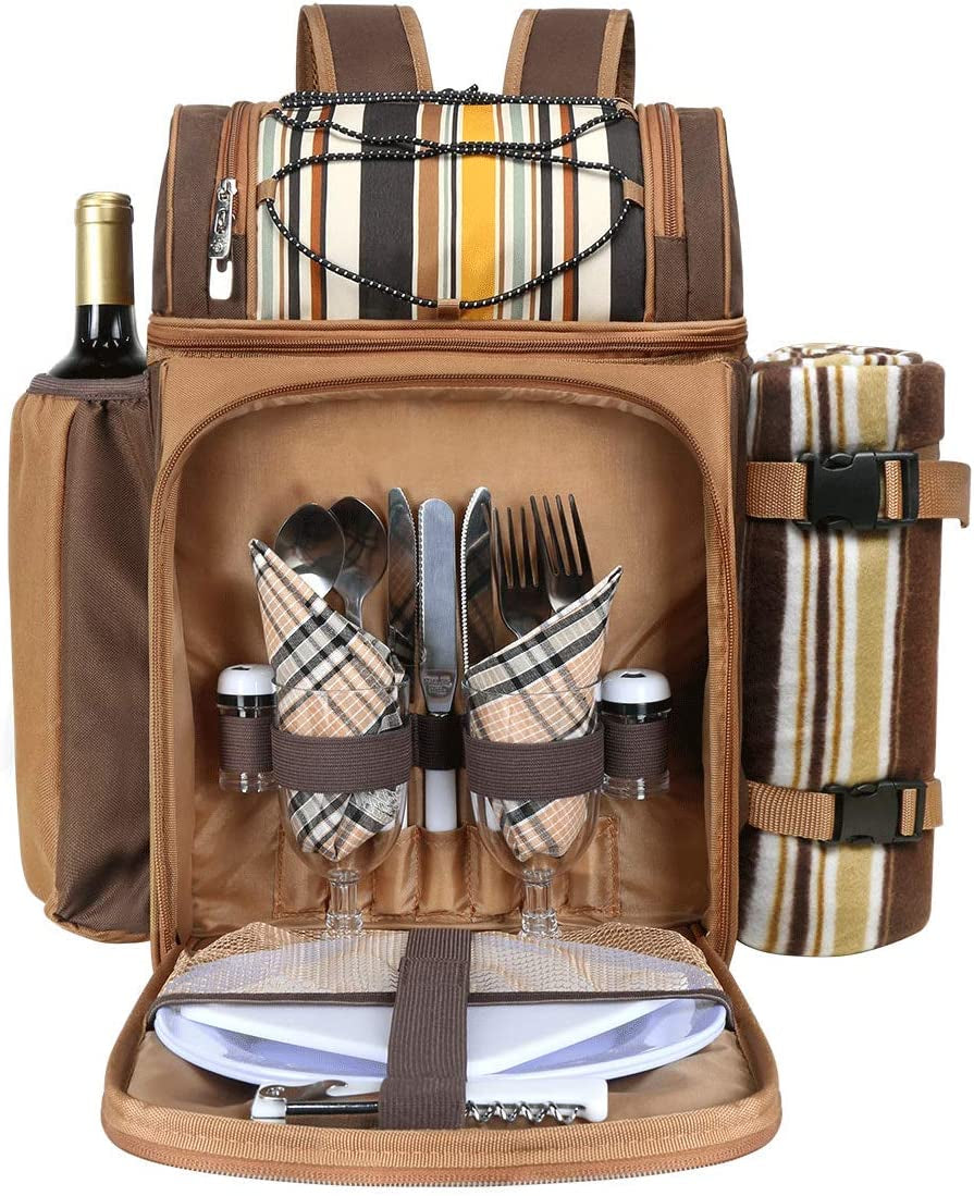 Picnic Basket Backpack for 4 – Insulated Leak-Proof Cooler, Wine Holder, Fleece Blanket & Full Cutlery Set