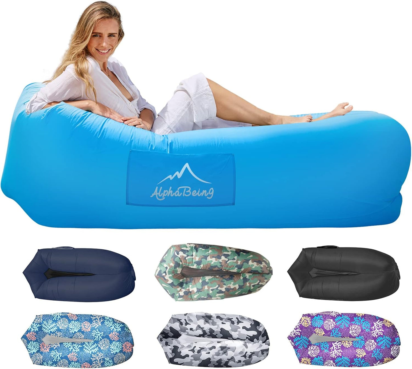 Inflatable Lounger Air Sofa — Mesh-Bottom, Anti-Leak, 700 lb Capacity, with Carry Bag & Stakes