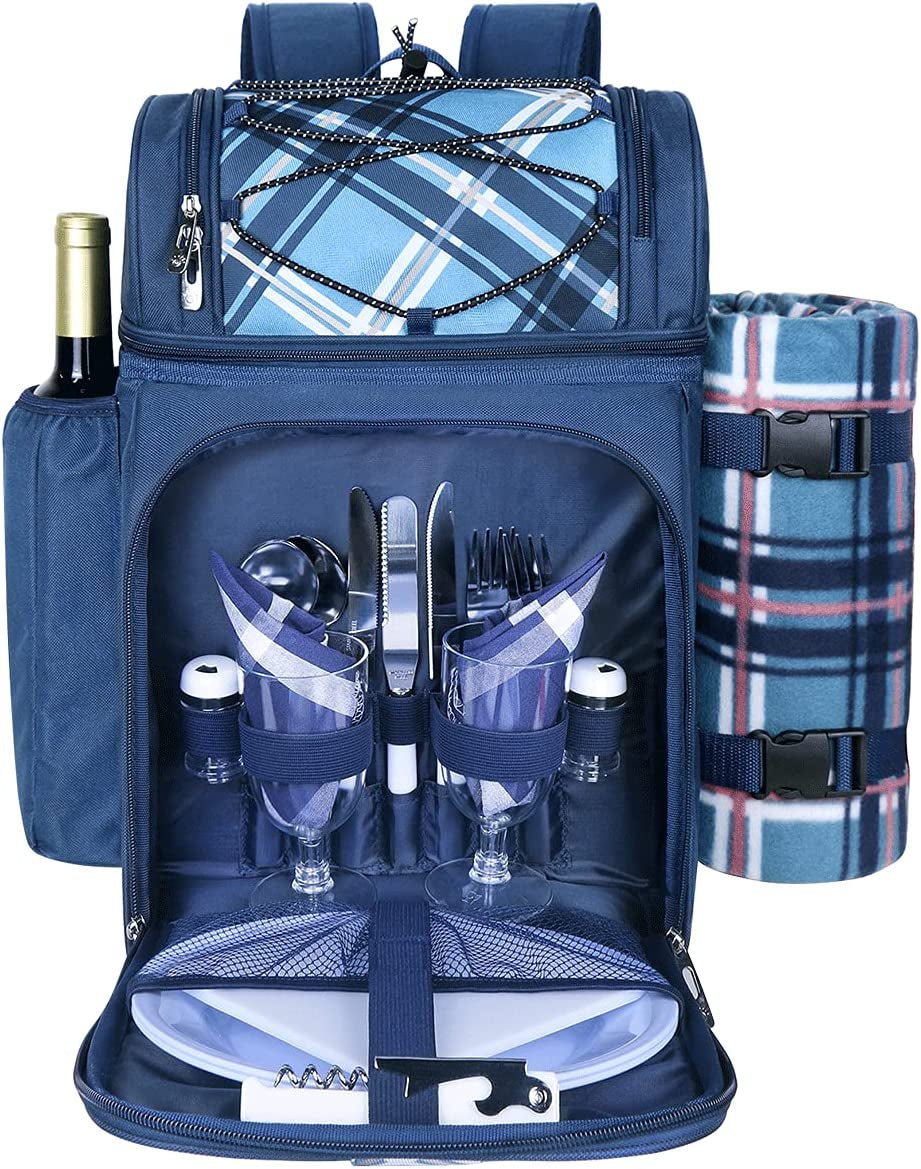 Picnic Basket Backpack for 4 – Insulated Leak-Proof Cooler, Wine Holder, Fleece Blanket & Full Cutlery Set