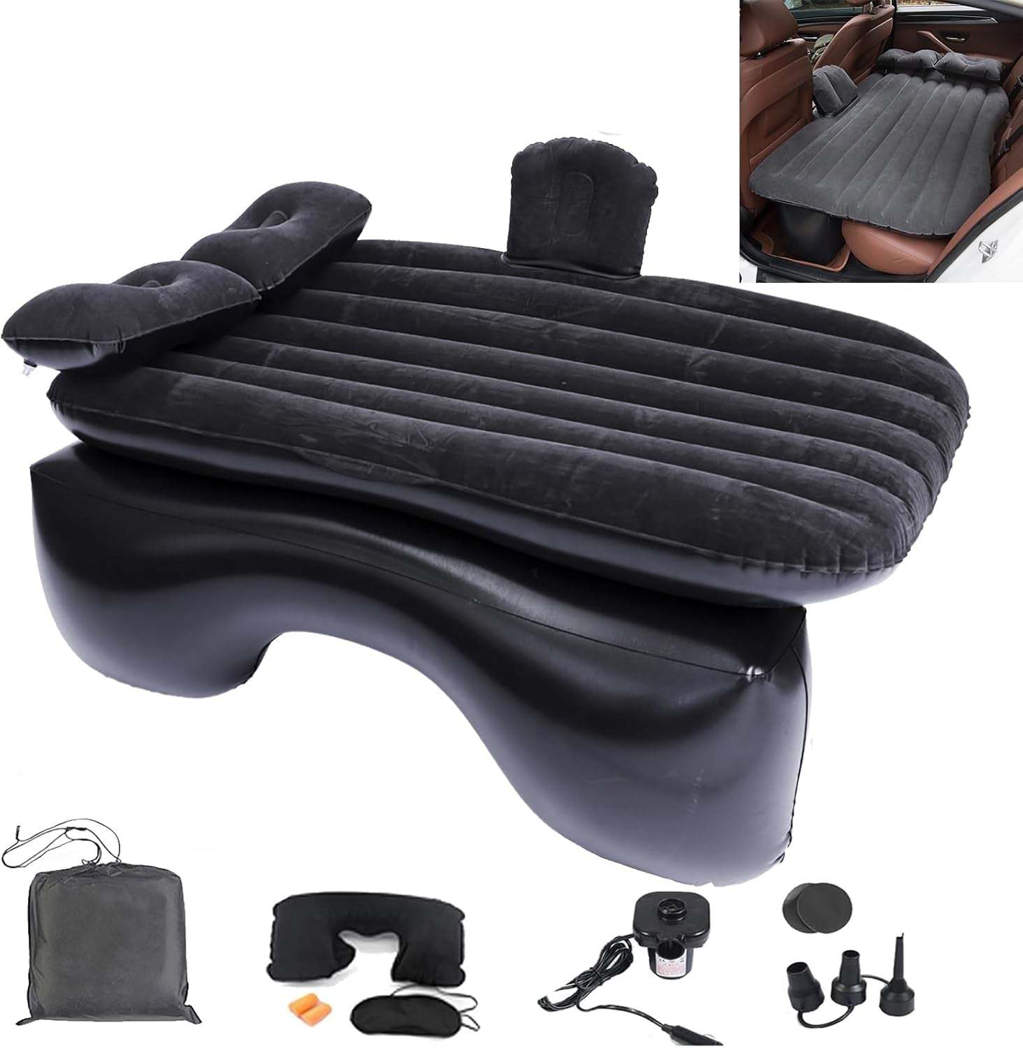 Universal Car Air Mattress — Flocked Back-Seat Bed w/ 12-V Pump, Pillows & Travel Kit (185 × 90 cm)