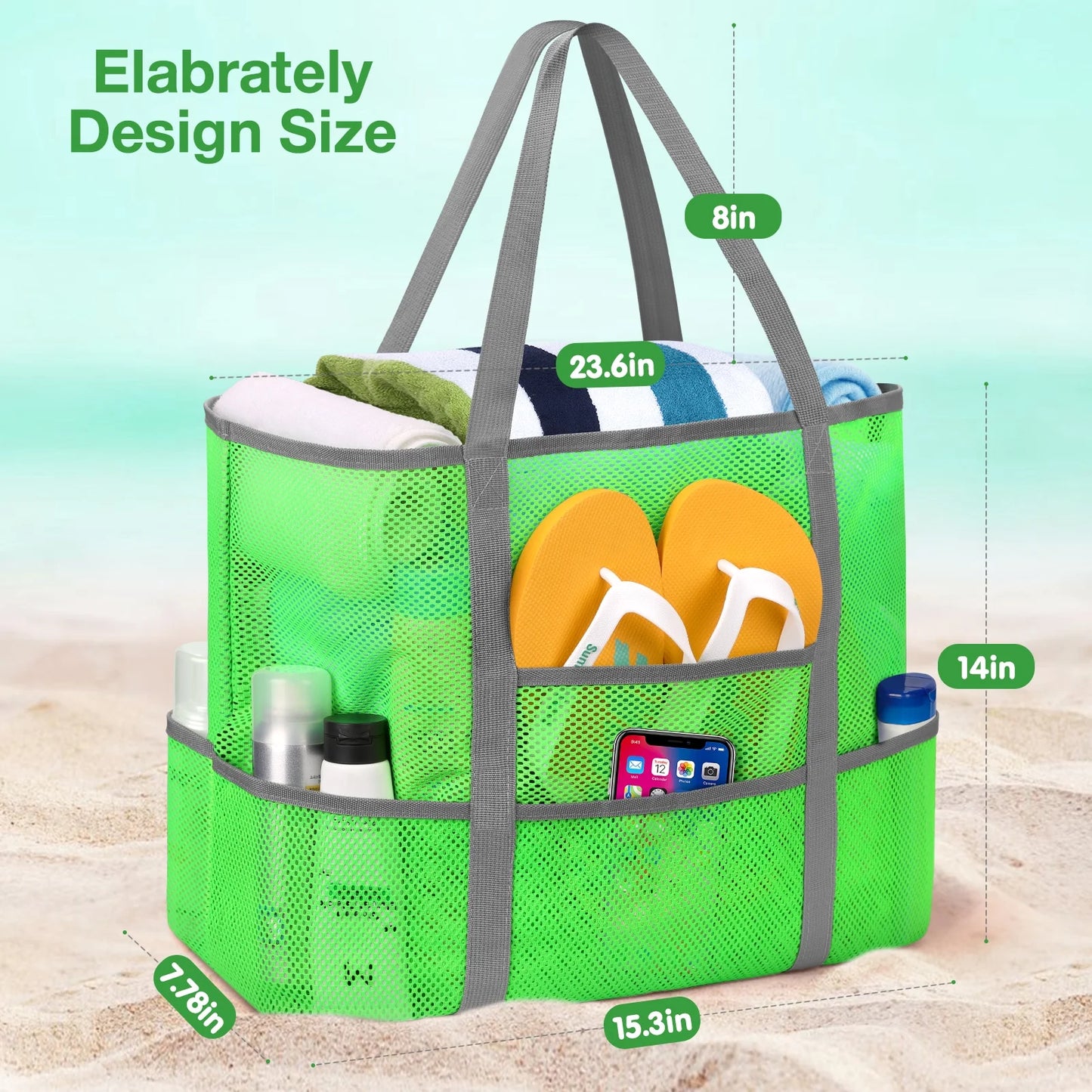 Oversized Mesh Beach Tote — 9-Pocket, Rope Handles, 15.3" × 14" × 7.8"