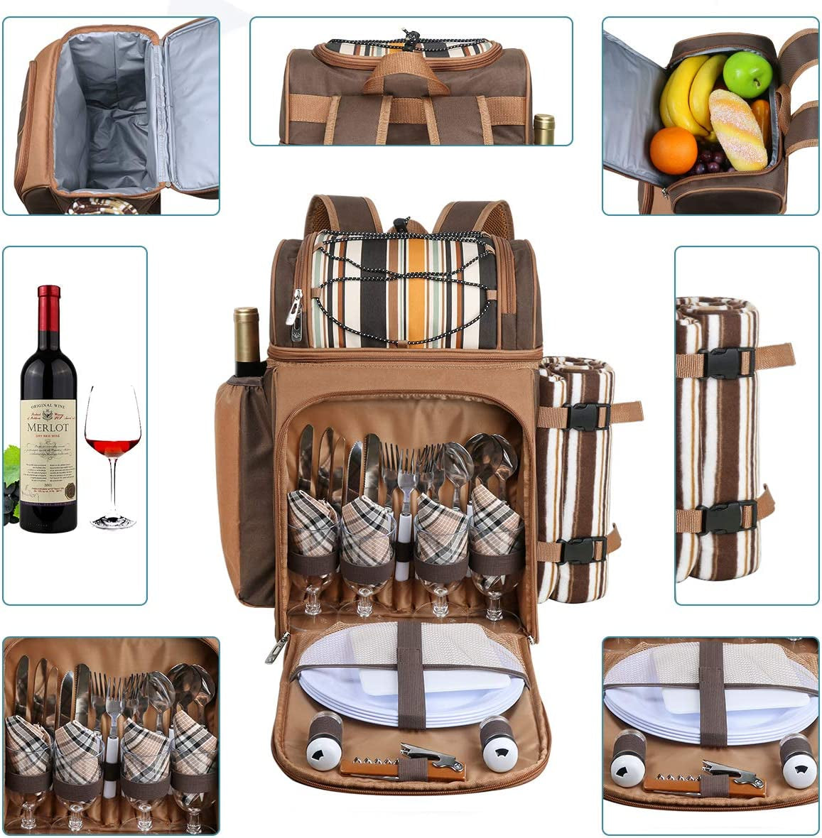 Picnic Basket Backpack for 4 – Insulated Leak-Proof Cooler, Wine Holder, Fleece Blanket & Full Cutlery Set