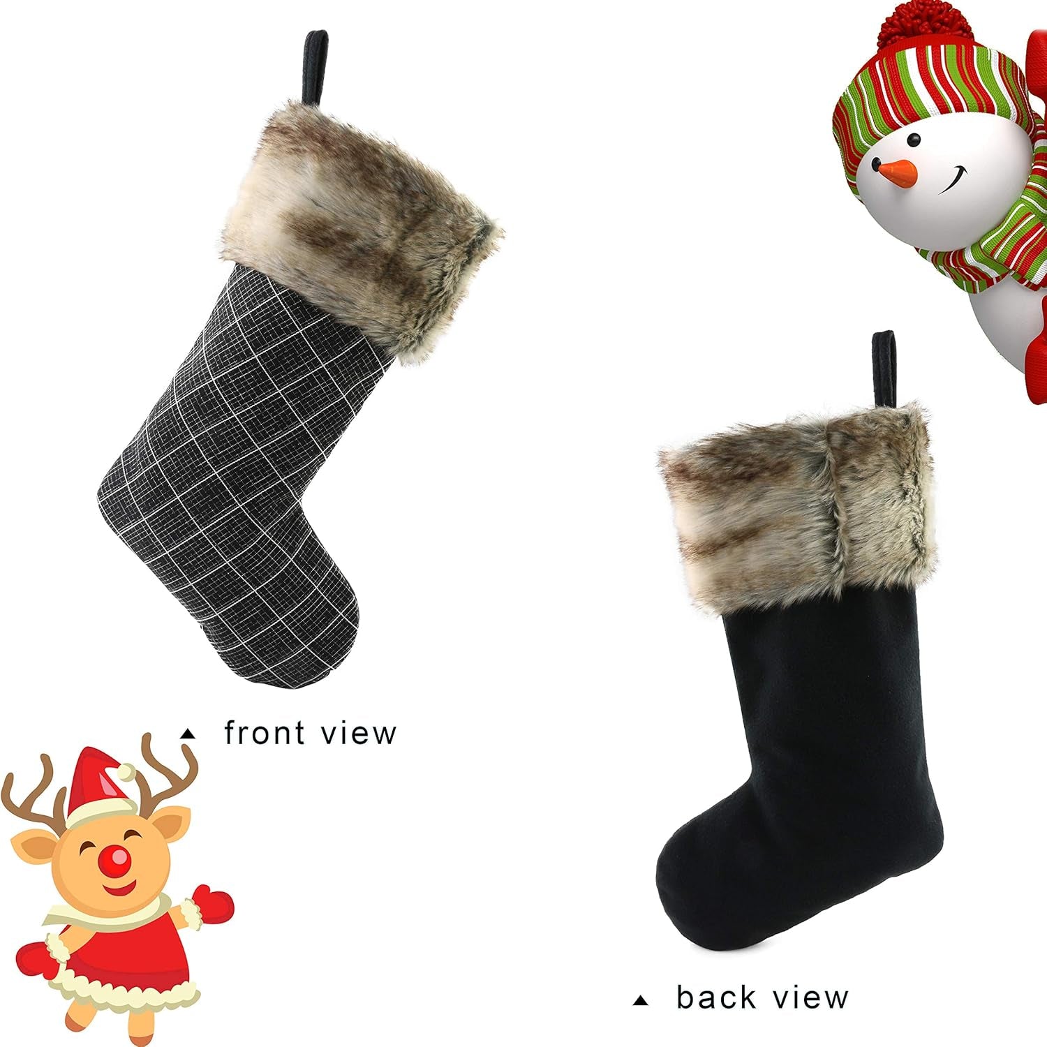 Set of 3 Buffalo Plaid Christmas Stockings – 19” Holiday Stockings with Faux Fur Cuff, Rustic Fireplace Décor for Family Gifts