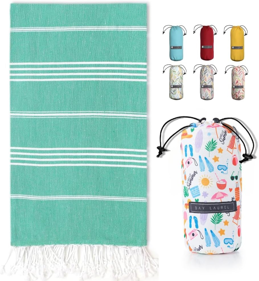 Bay Laurel Turkish Beach Towel with Travel Bag — Oversized 39" × 71", Quick-Dry & Sand-Free