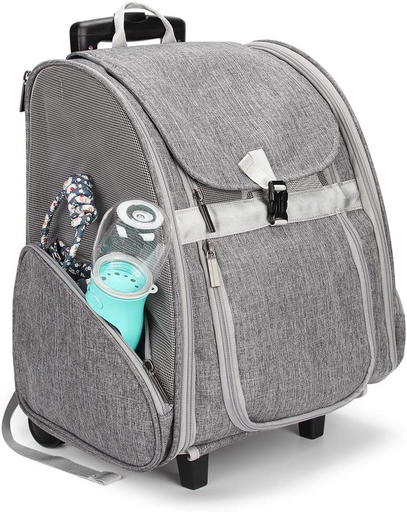 2-in-1 Rolling Pet Carrier Backpack, Grey — Telescopic Handle & Wheels, Breathable Mesh, Fits Small Dogs & Cats up to 16 lb.