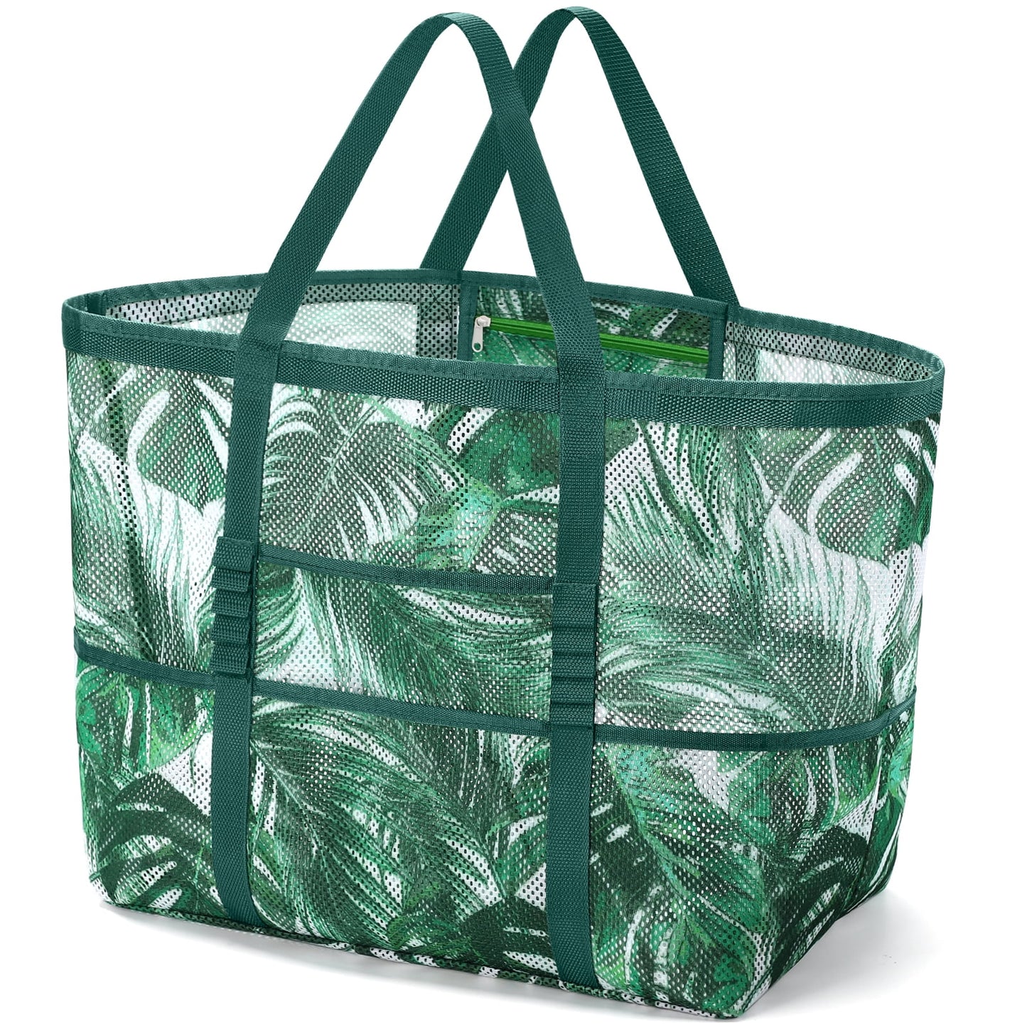 Oversized Mesh Beach Tote — 9-Pocket, Rope Handles, 15.3" × 14" × 7.8"
