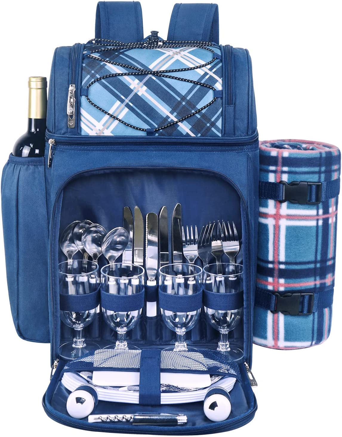 Picnic Basket Backpack for 4 – Insulated Leak-Proof Cooler, Wine Holder, Fleece Blanket & Full Cutlery Set