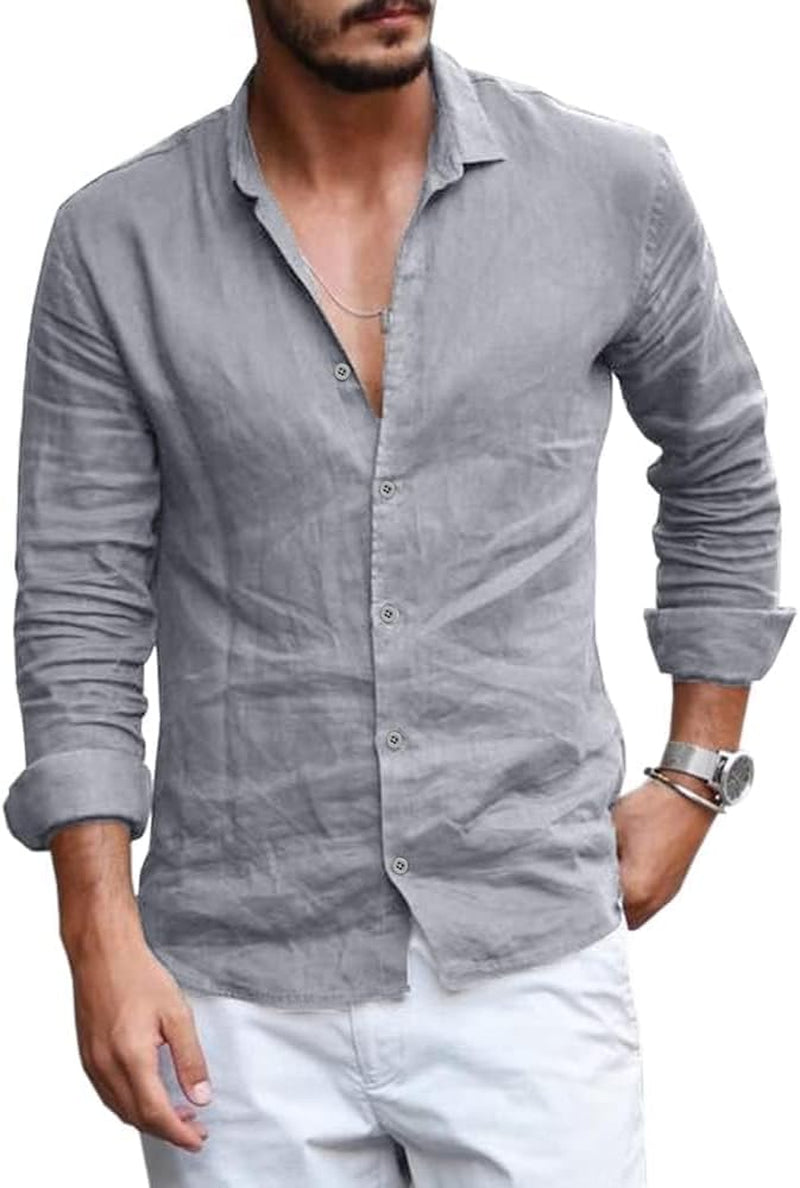 Runcati Men's Casual Long Sleeve Linen Cotton Shirt