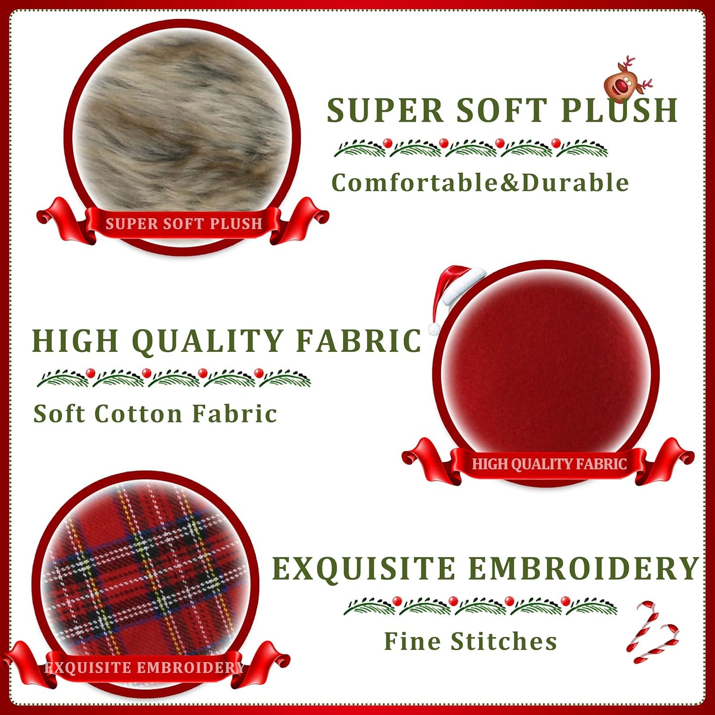 Set of 3 Buffalo Plaid Christmas Stockings – 19” Holiday Stockings with Faux Fur Cuff, Rustic Fireplace Décor for Family Gifts