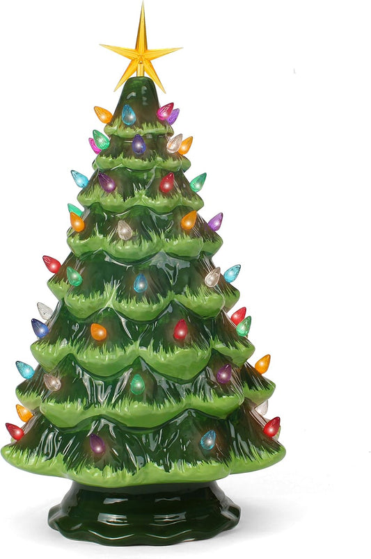 Vintage Lighted Ceramic Christmas Tree – 15.5” Tabletop Holiday Tree with Multicolored LED Lights & High-Gloss Finish (Green)