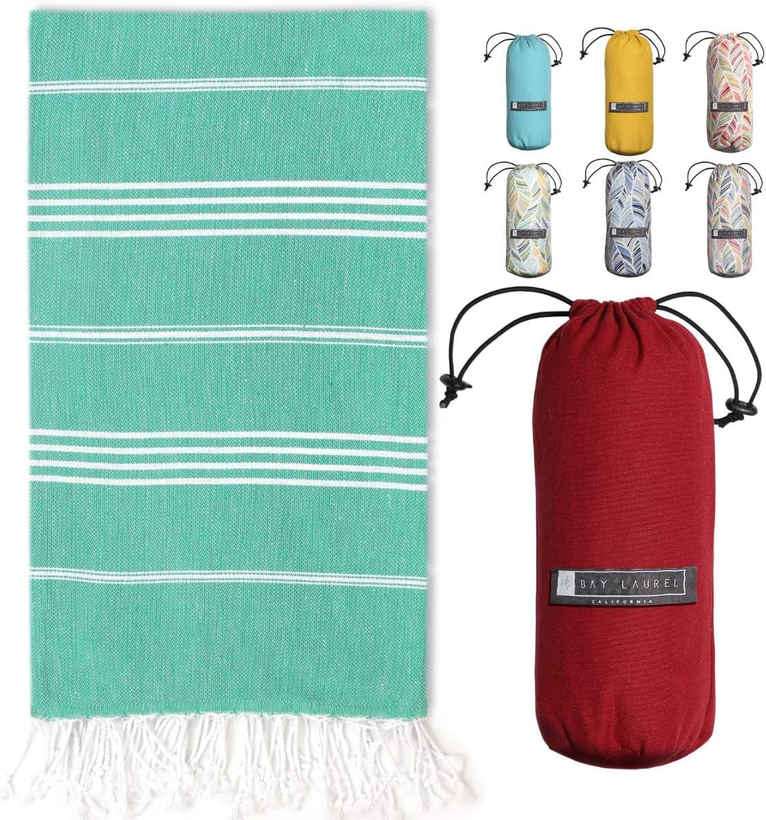 Bay Laurel Turkish Beach Towel with Travel Bag — Oversized 39" × 71", Quick-Dry & Sand-Free